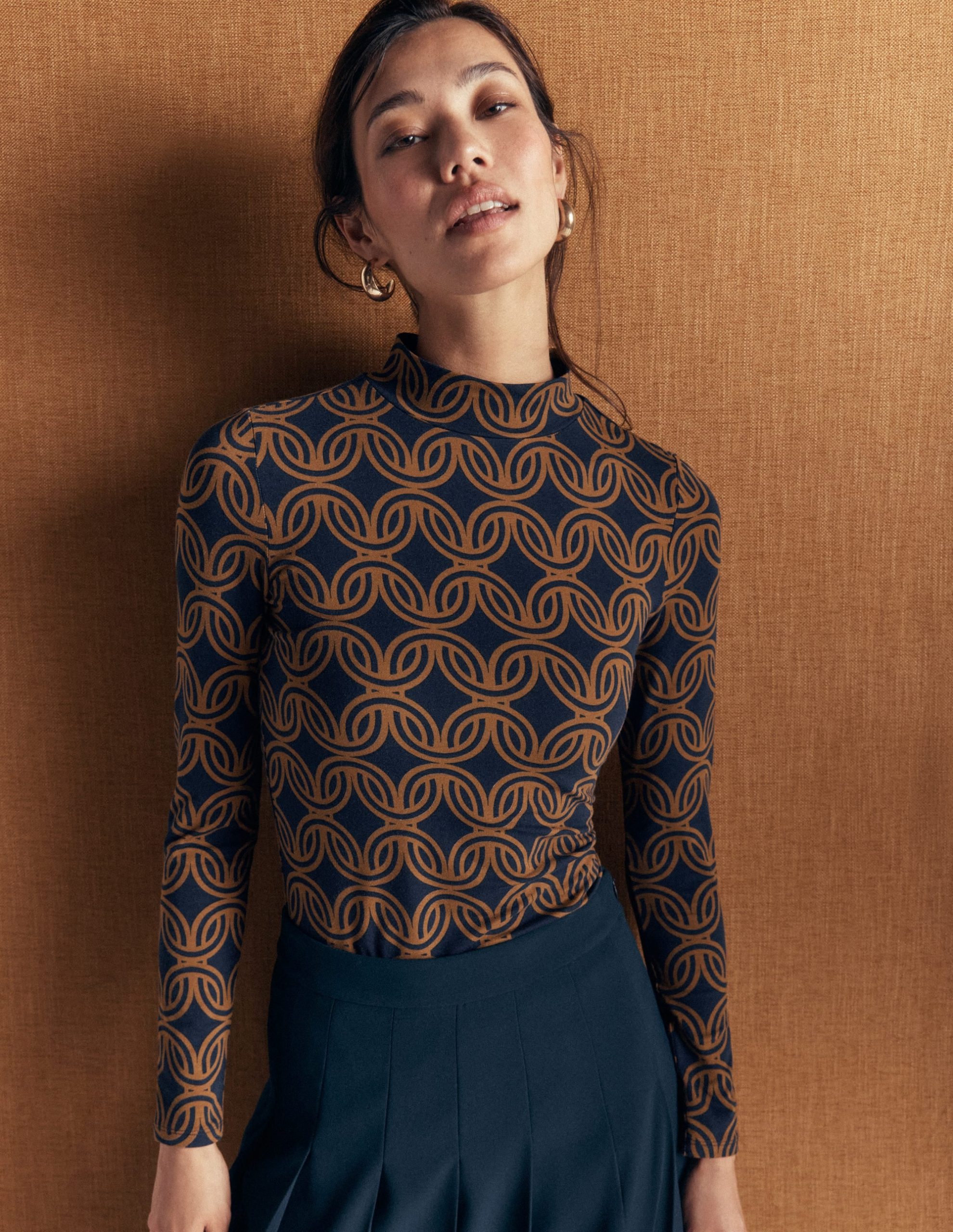 High Neck Jersey Top-French Navy. Geo Parade Mono - Image 5