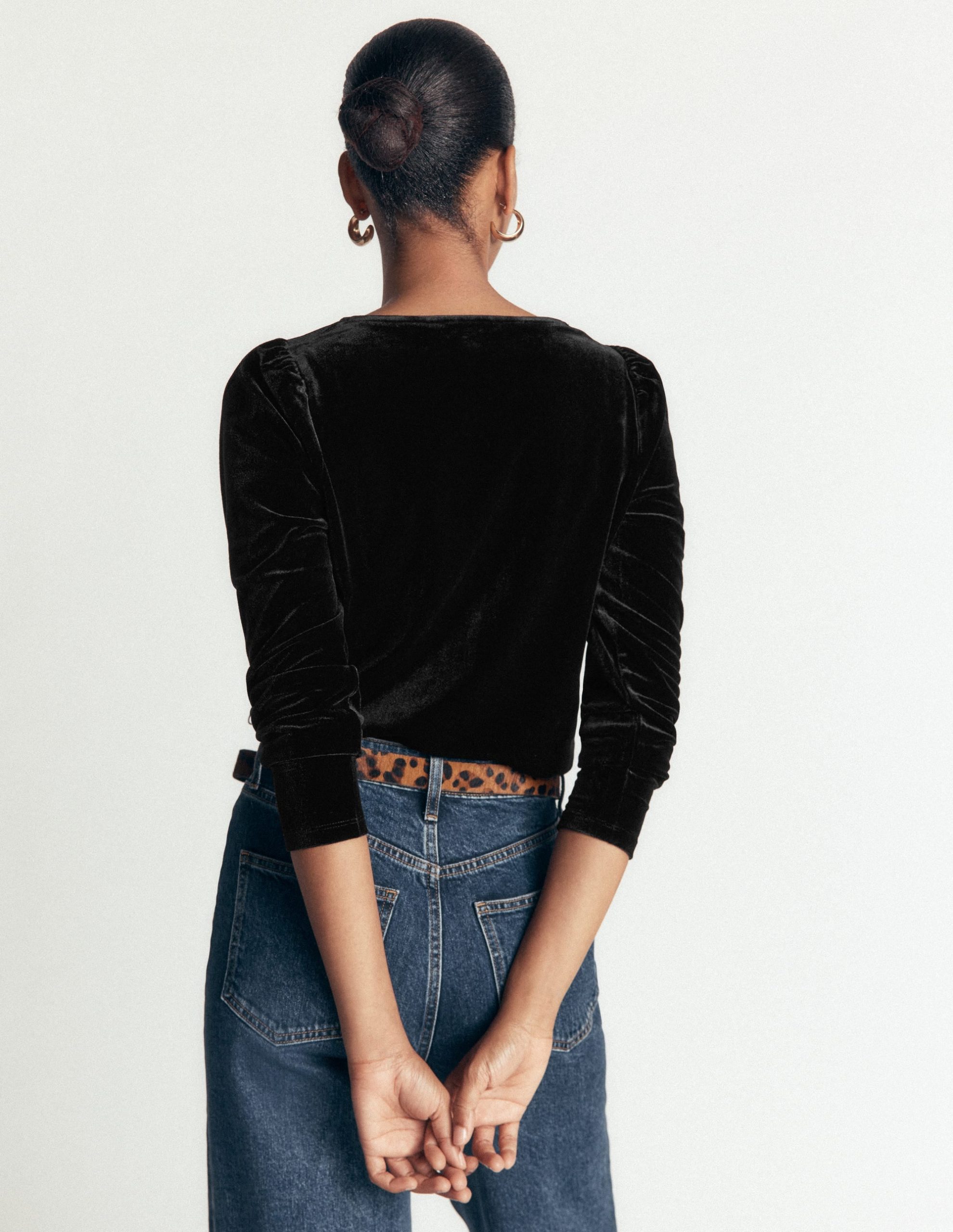 Lace Trim V-Neck Velvet Top-Black - Image 3