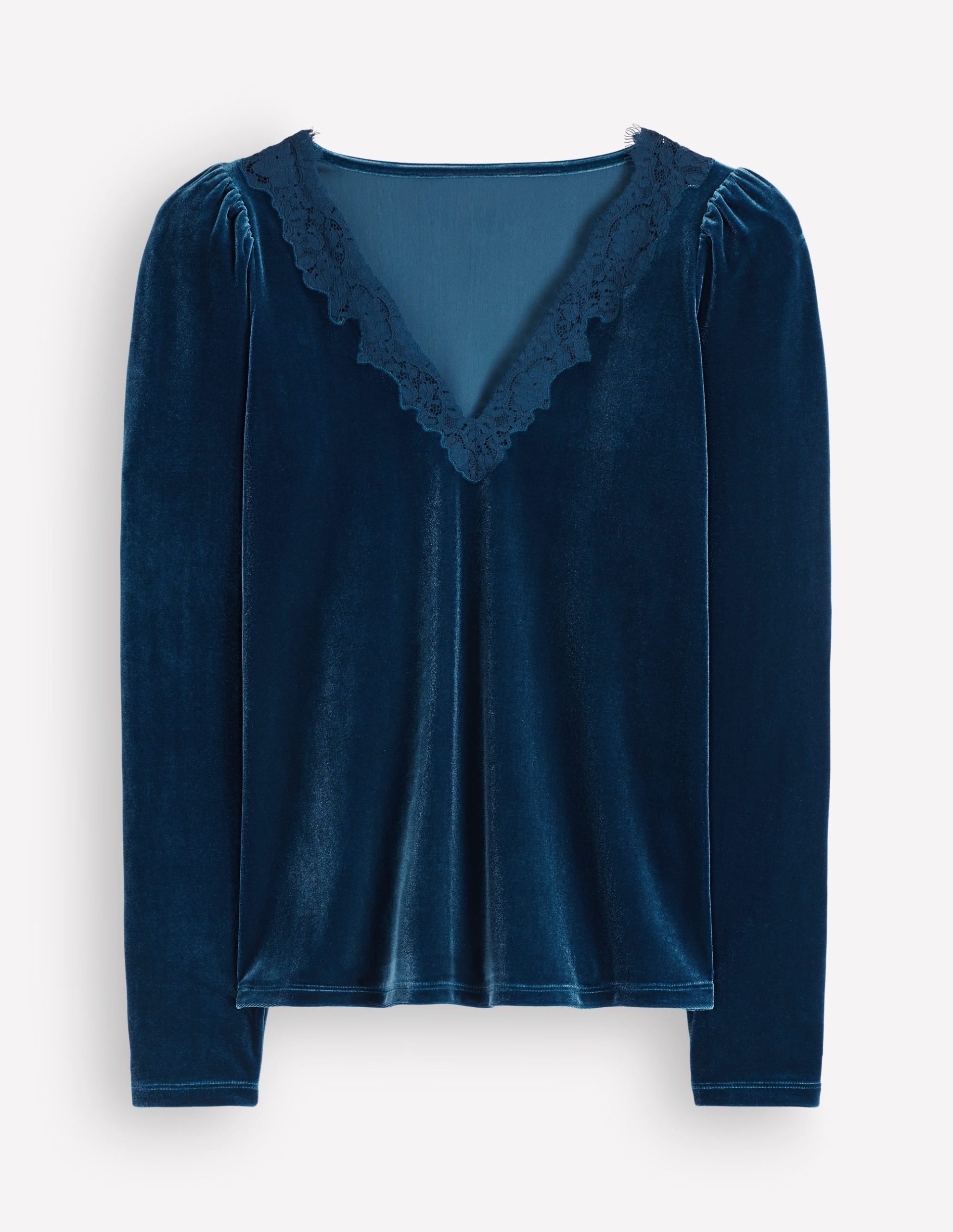 Lace Trim V-Neck Velvet Top-Harbour Blue - Image 5