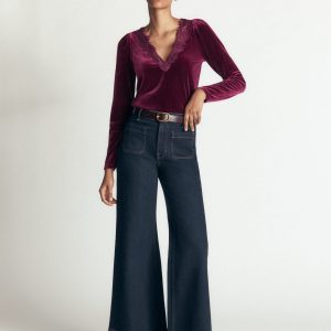 Lace Trim V-Neck Velvet Top-Beetroot Red