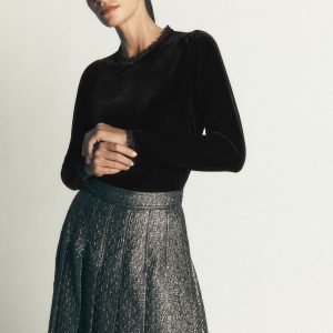 Lace Trim Velvet Top-Black