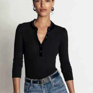 Velvet Ruffle Trim Henley Top-Black