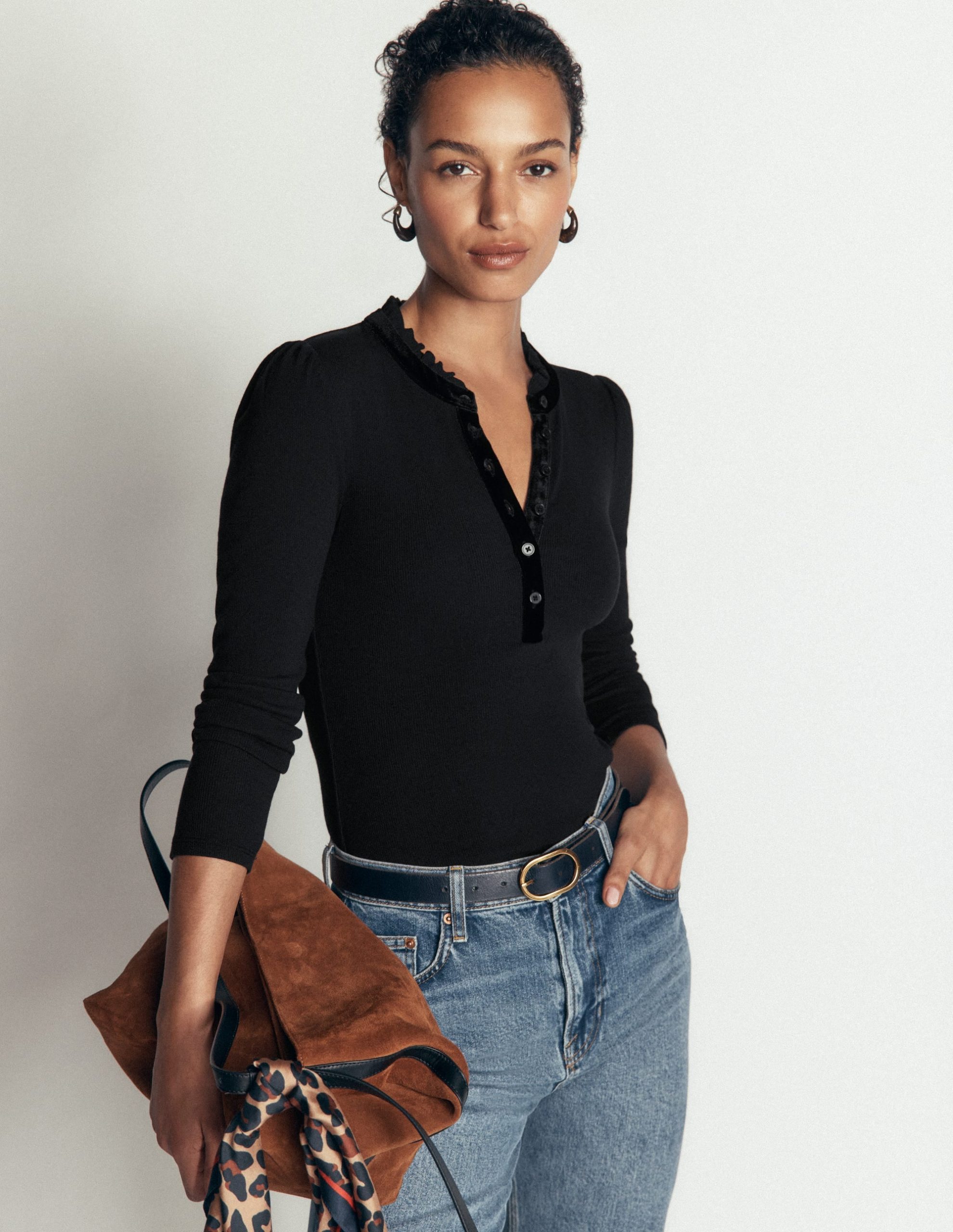Velvet Ruffle Trim Henley Top-Black - Image 3