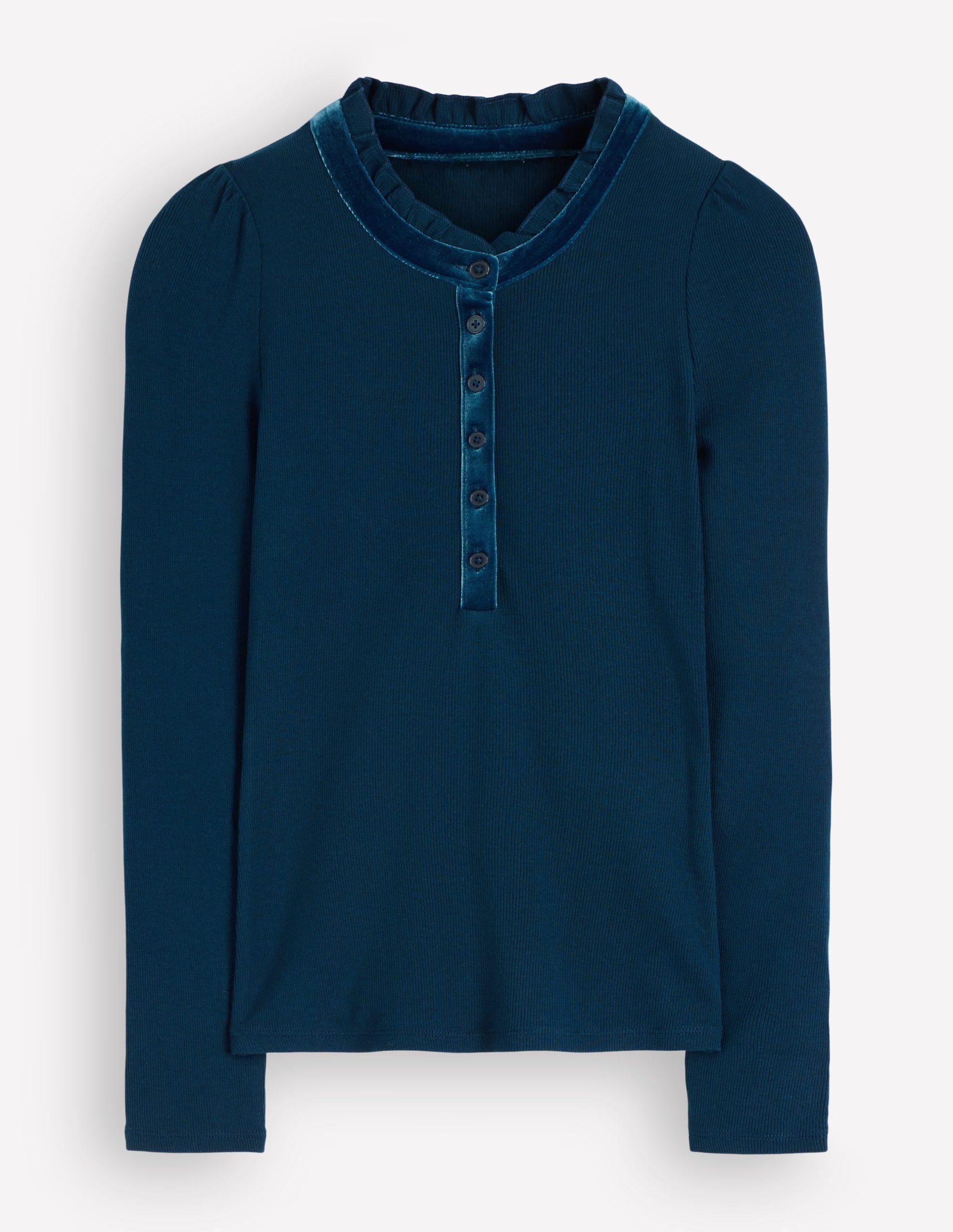 Velvet Ruffle Trim Henley Top-Sailor Blue - Image 7