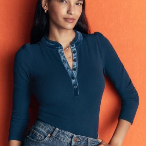Velvet Ruffle Trim Henley Top-Sailor Blue