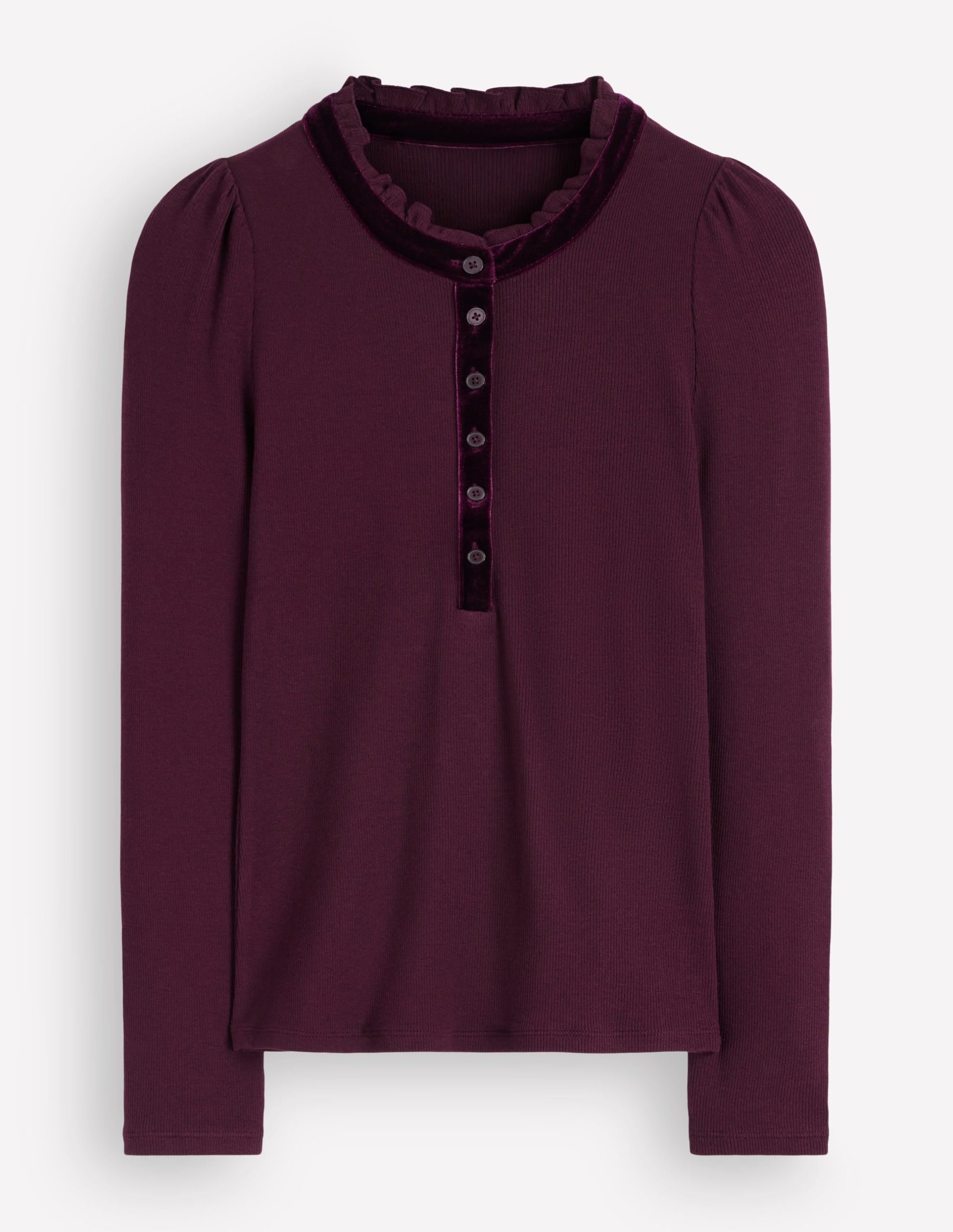 Velvet Ruffle Trim Henley Top-Dark Cherry - Image 5