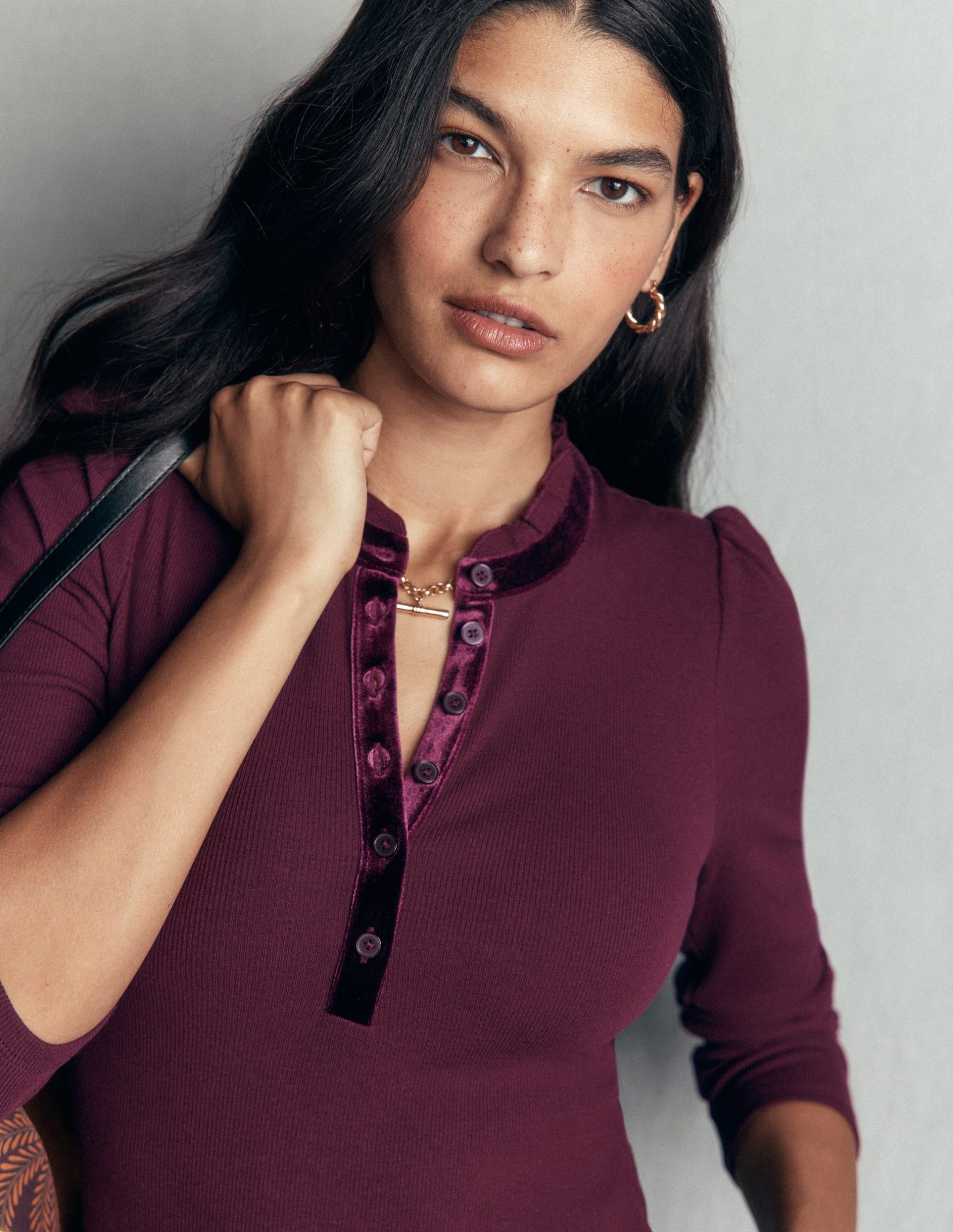 Velvet Ruffle Trim Henley Top-Dark Cherry
