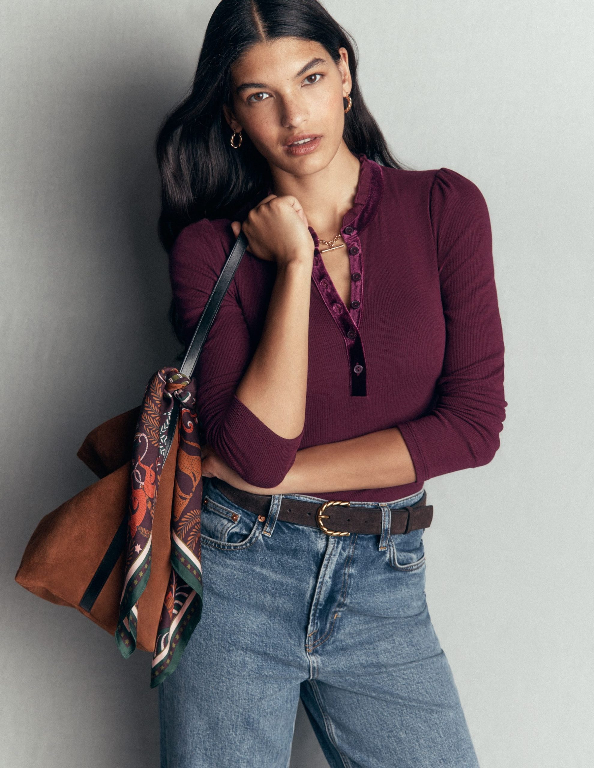 Velvet Ruffle Trim Henley Top-Dark Cherry - Image 2