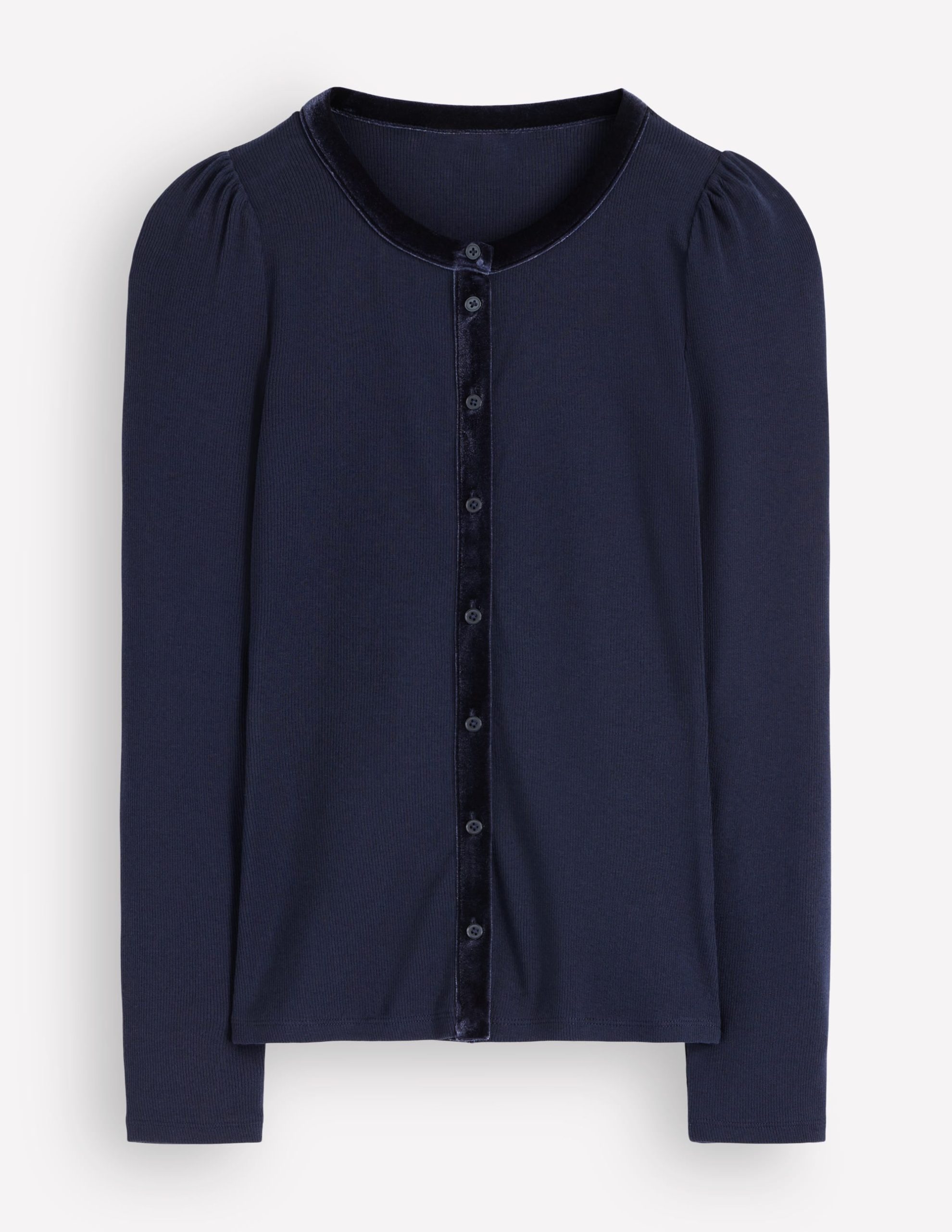 Velvet Trim Ribbed Cardigan-Navy - Image 3