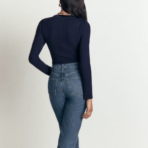 Velvet Trim Ribbed Cardigan-Navy
