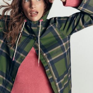 Longline Raincoat-Olive. Navy and Red Check