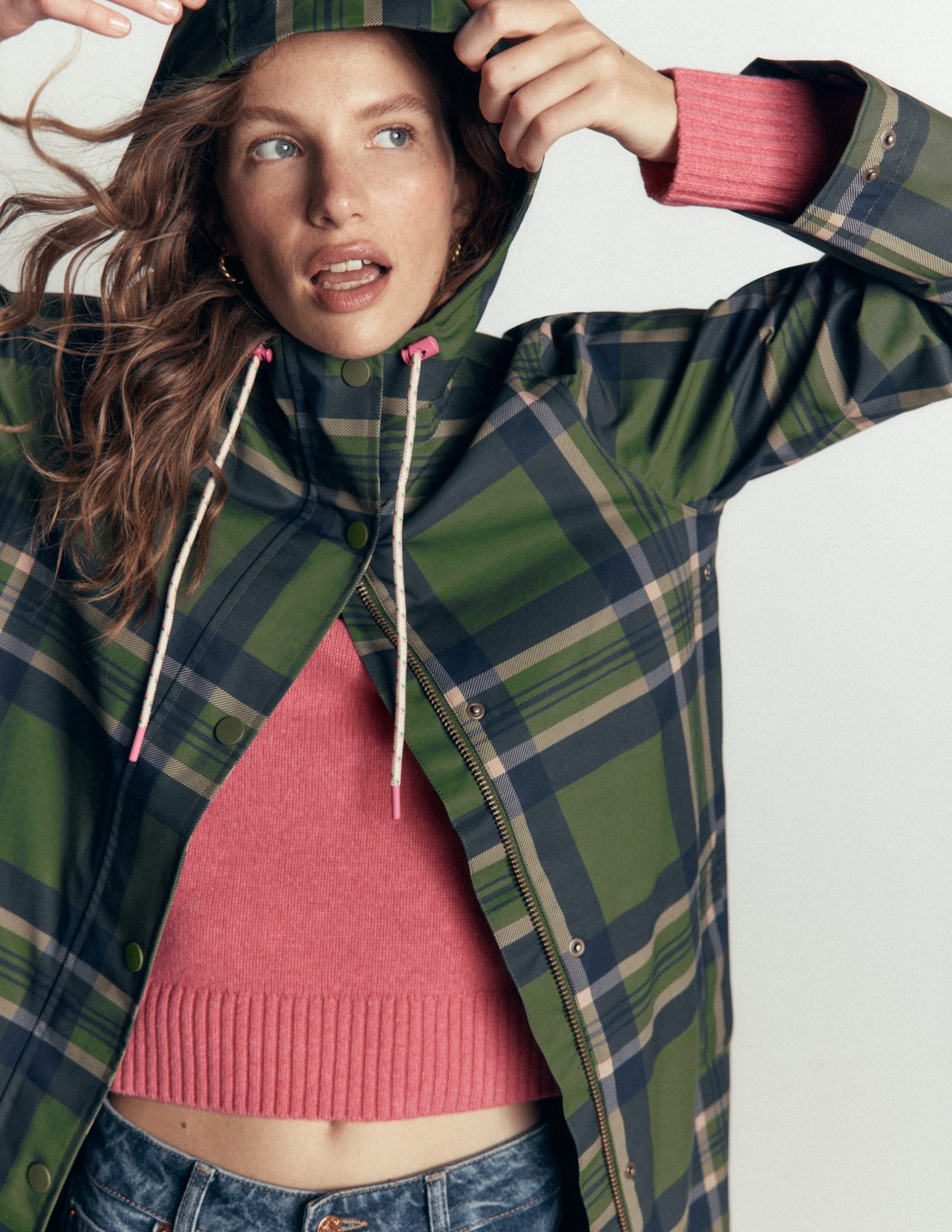 Longline Raincoat-Olive. Navy and Red Check