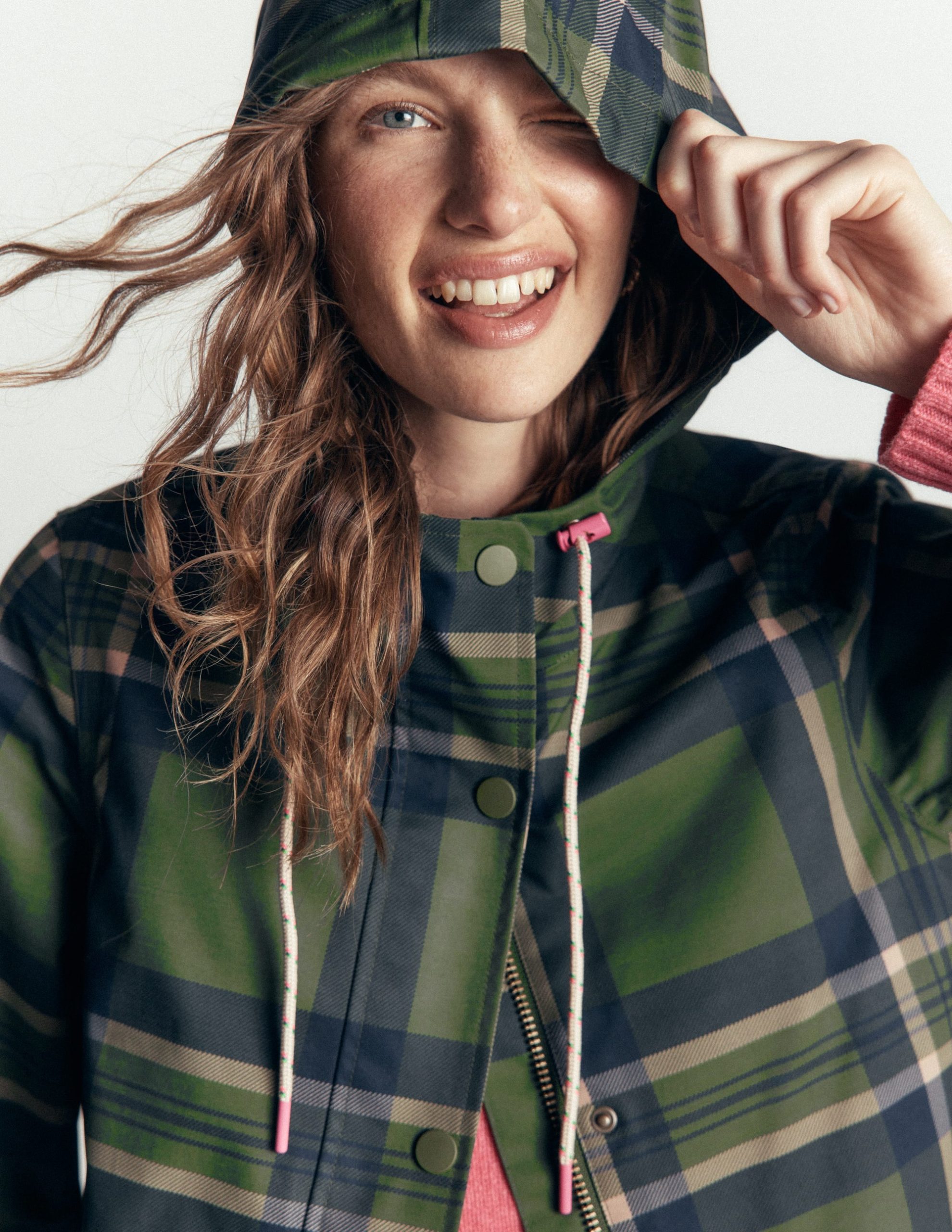 Longline Raincoat-Olive. Navy and Red Check - Image 2