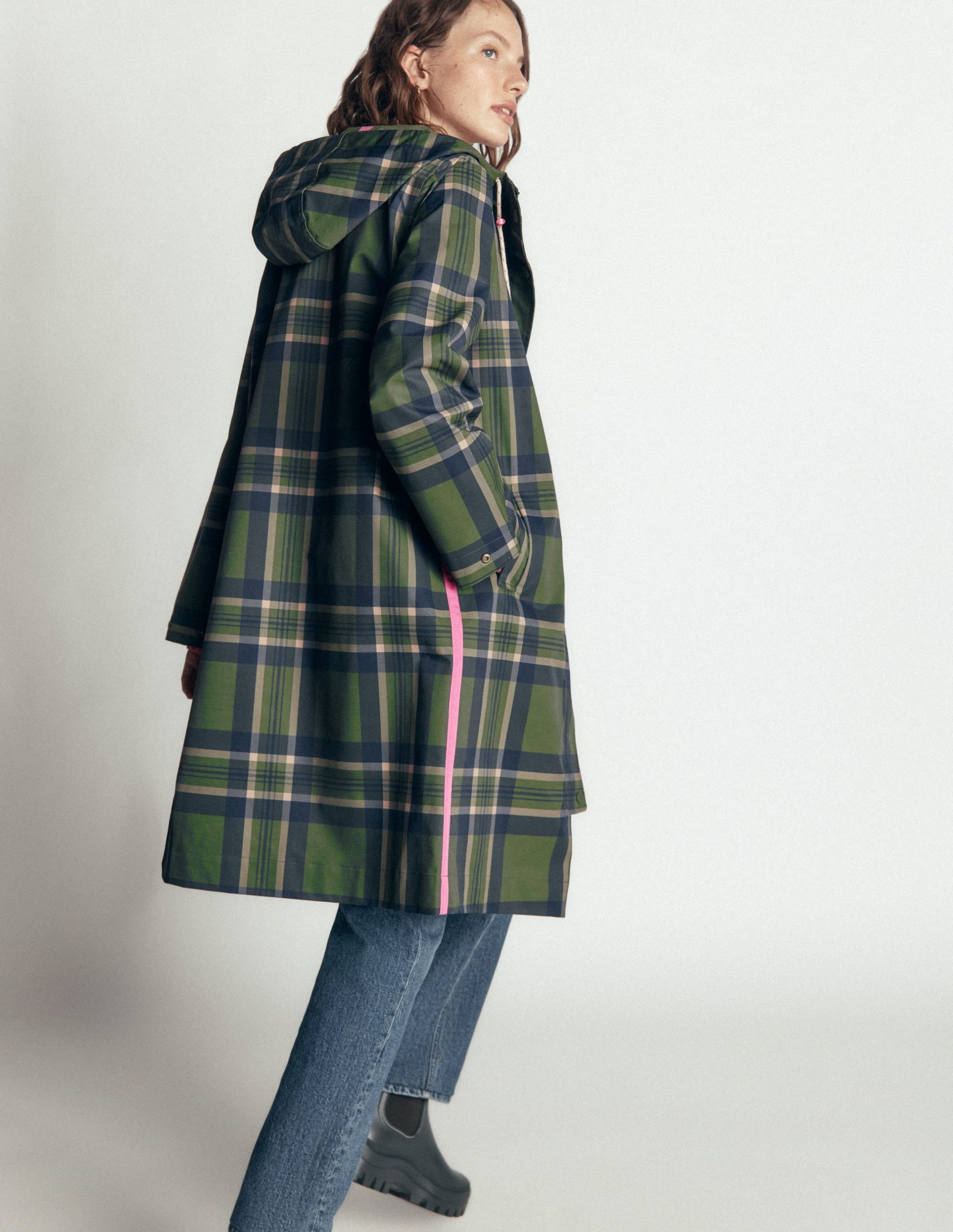 Longline Raincoat-Olive. Navy and Red Check - Image 3