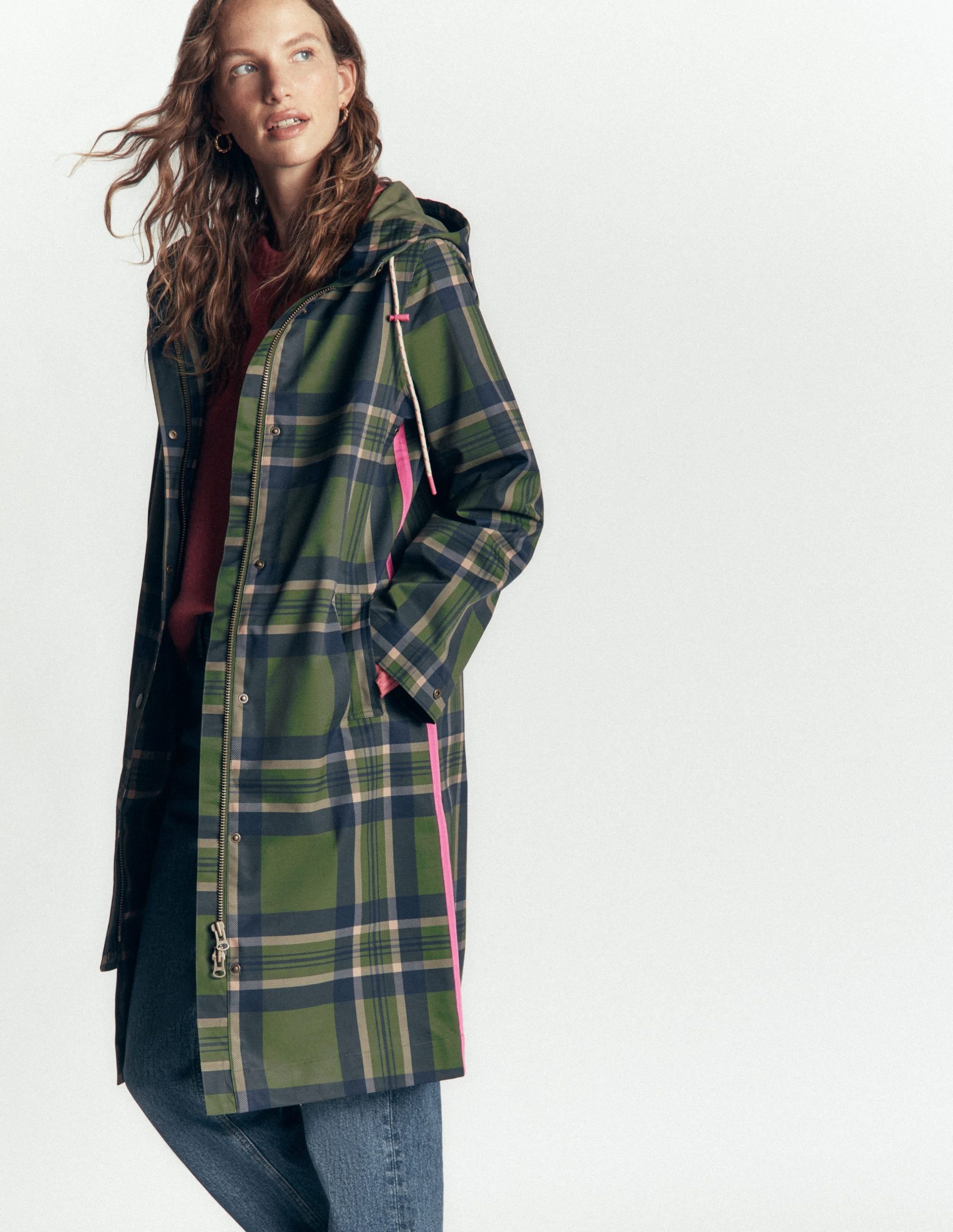 Longline Raincoat-Olive. Navy and Red Check - Image 4