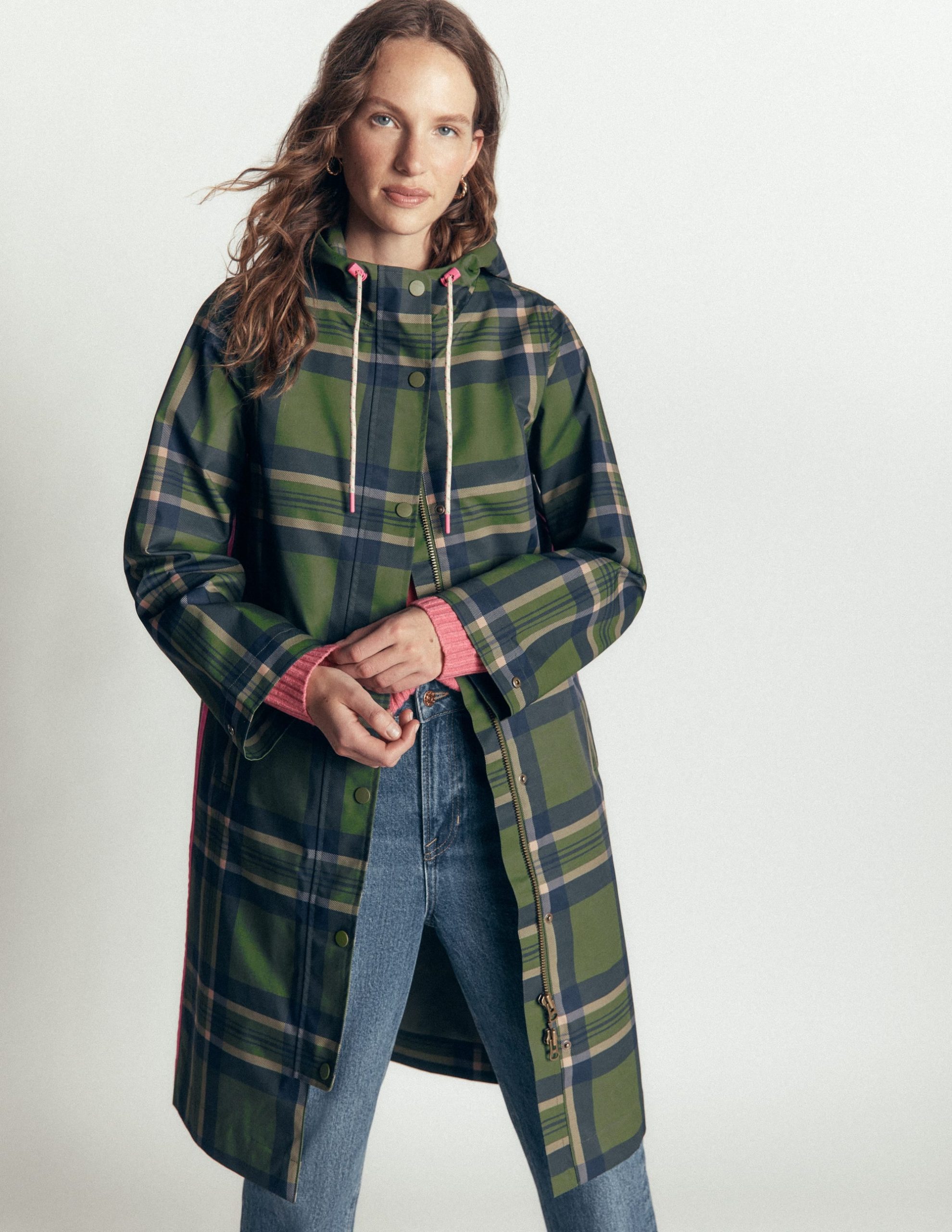 Longline Raincoat-Olive. Navy and Red Check - Image 5