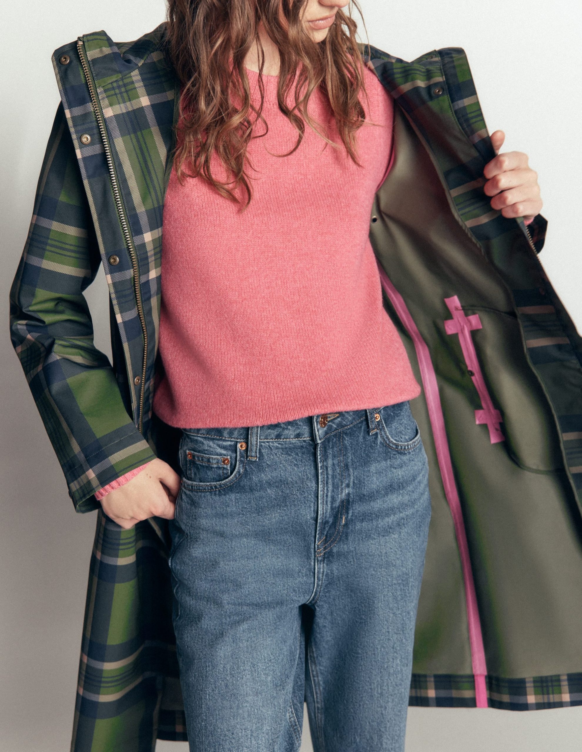 Longline Raincoat-Olive. Navy and Red Check - Image 6