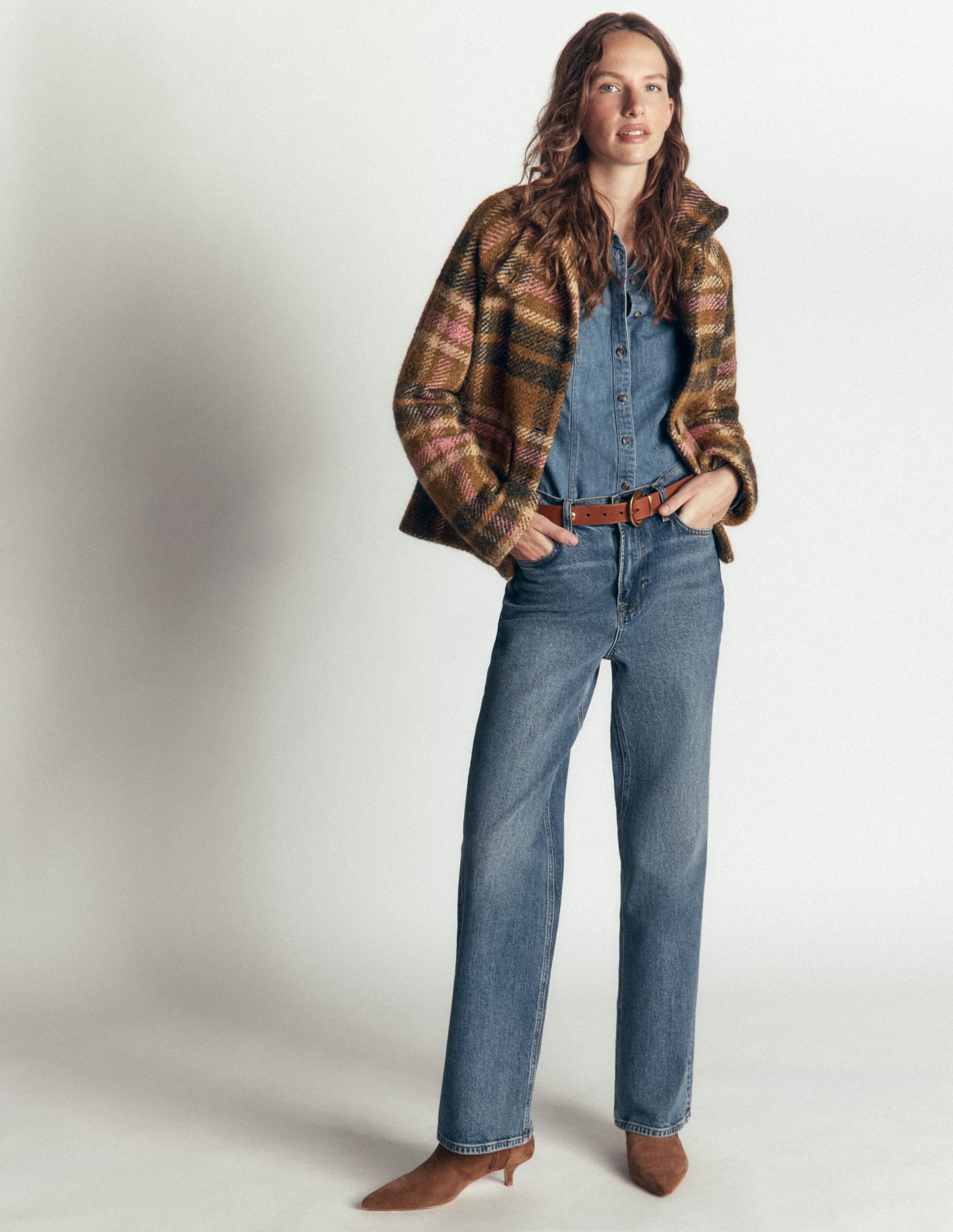 Short Funnel Neck Wool Coat-Green and Pink Check - Image 5