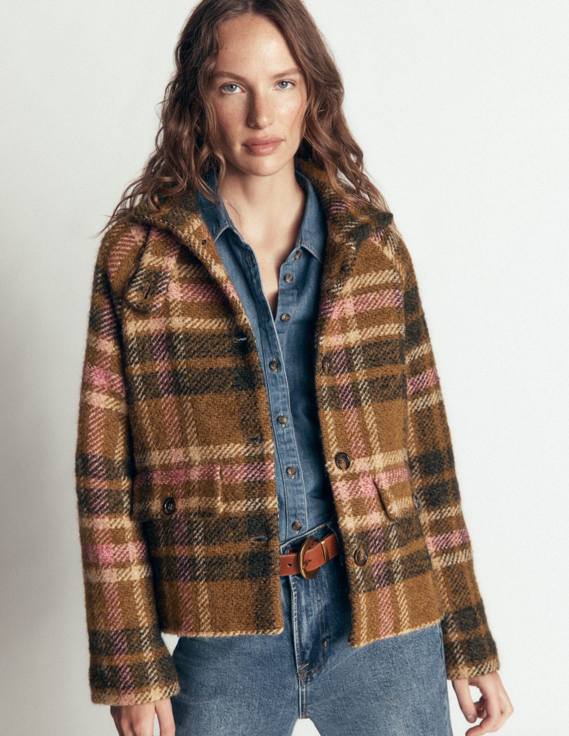 Short Funnel Neck Wool Coat-Green and Pink Check - Image 6