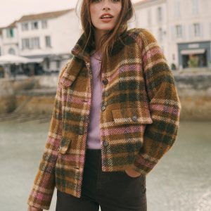 Short Funnel Neck Wool Coat-Green and Pink Check