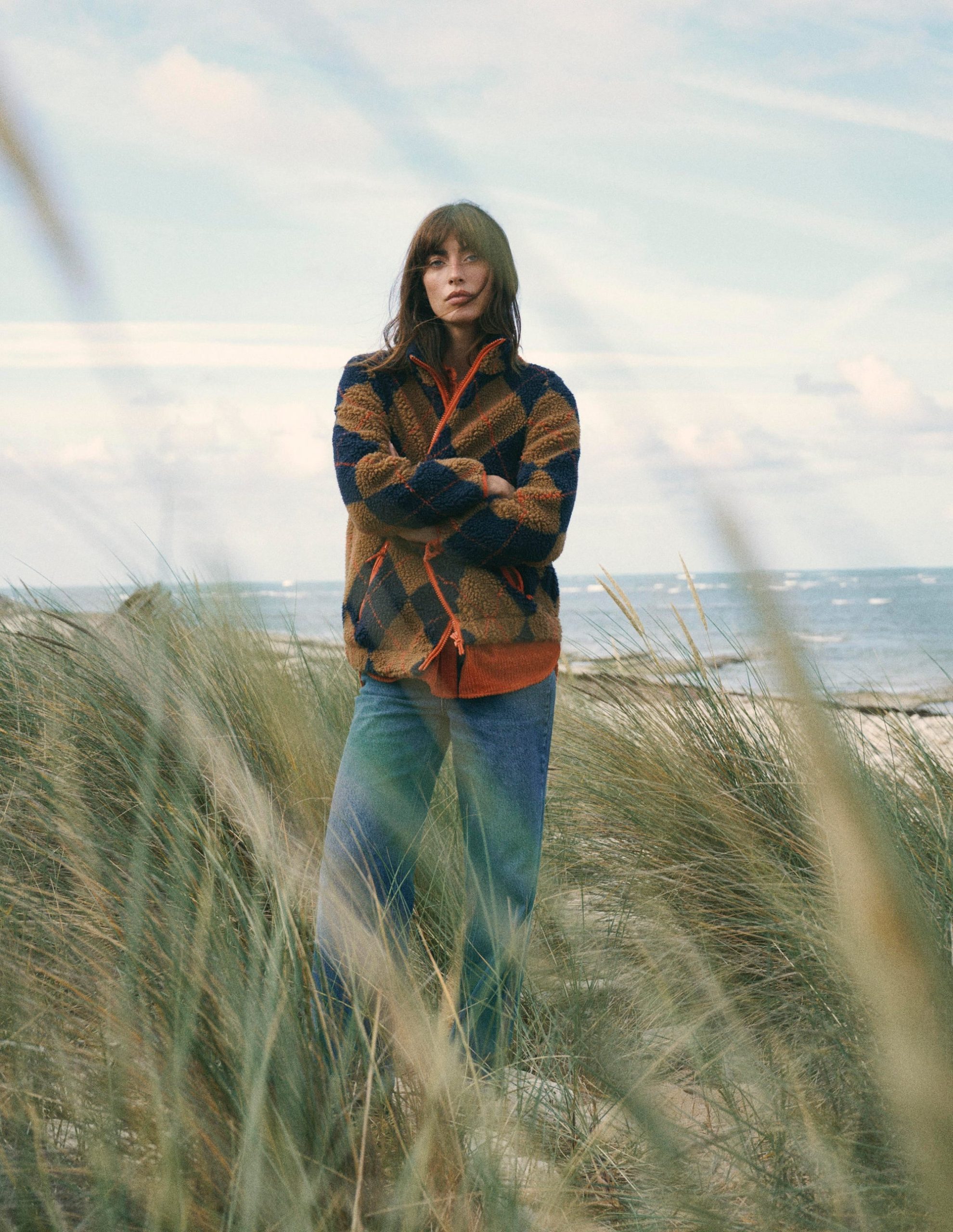 Alnwick Borg Jacket-Camel. Navy & Orange Argyle
