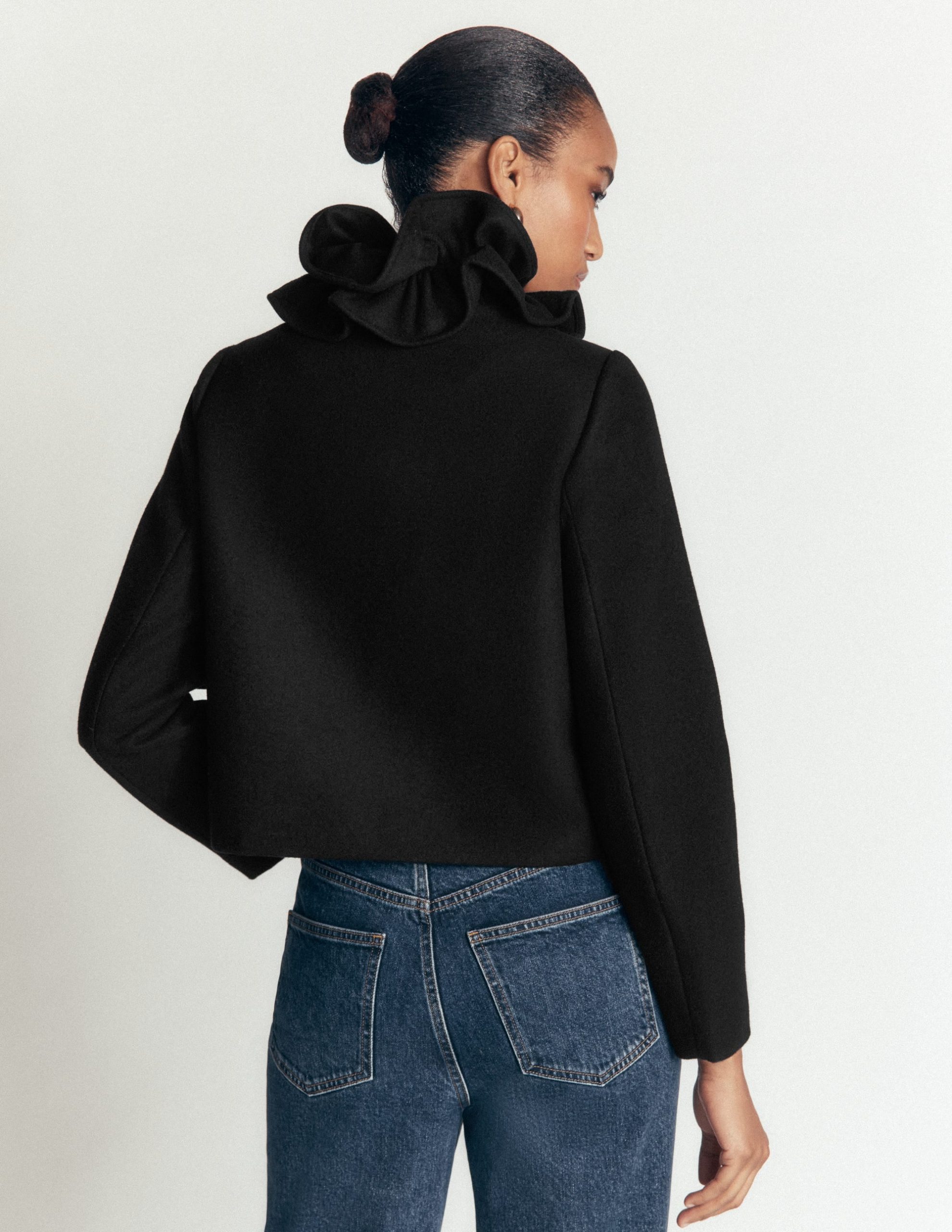 Ruffle Neck Wool Jacket-Black - Image 4