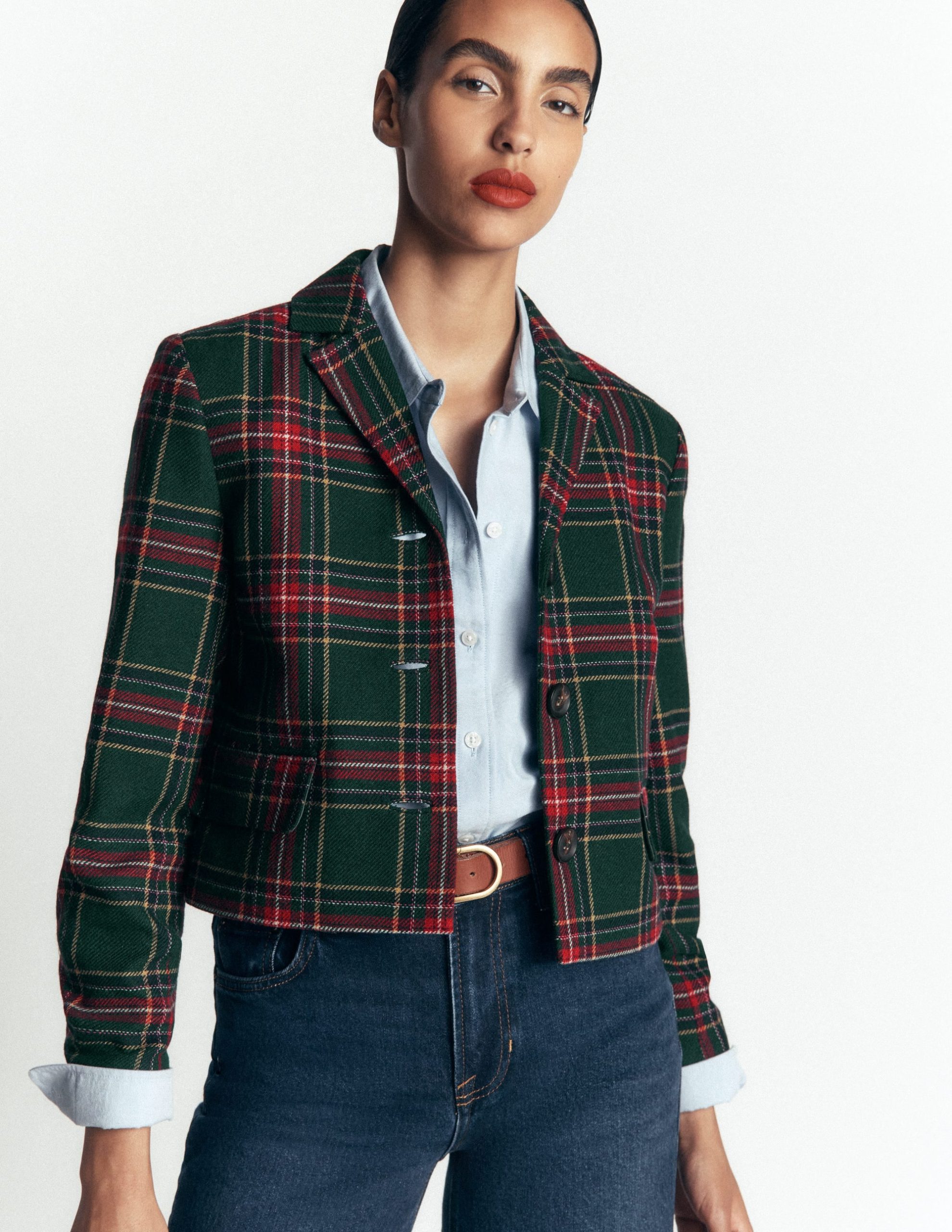 Dartmouth Wool Blend Blazer-Green. Navy and Red Check - Image 2