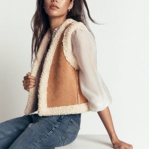 Borg Trim Cotton Vest-Sand