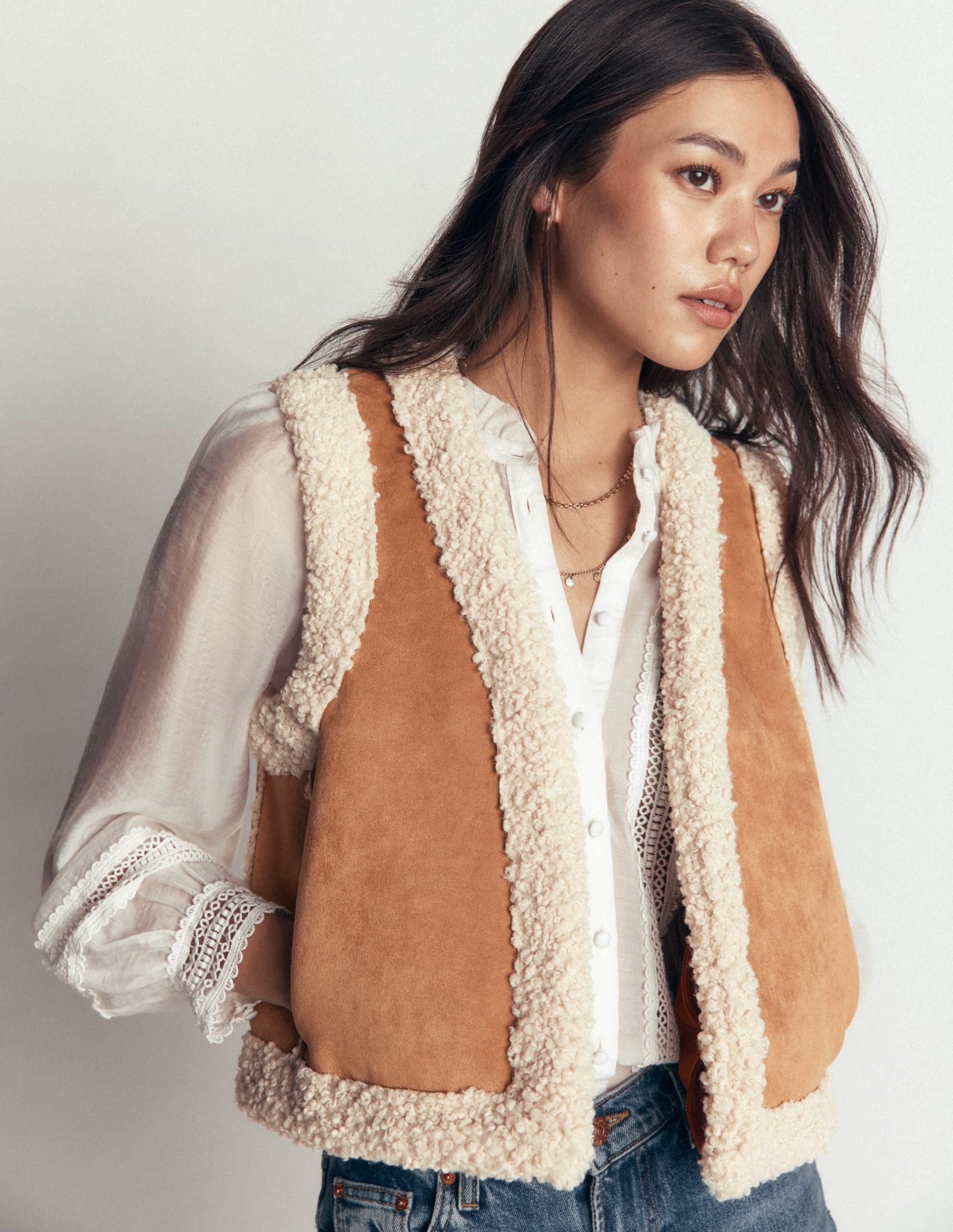 Borg Trim Cotton Vest-Sand - Image 3