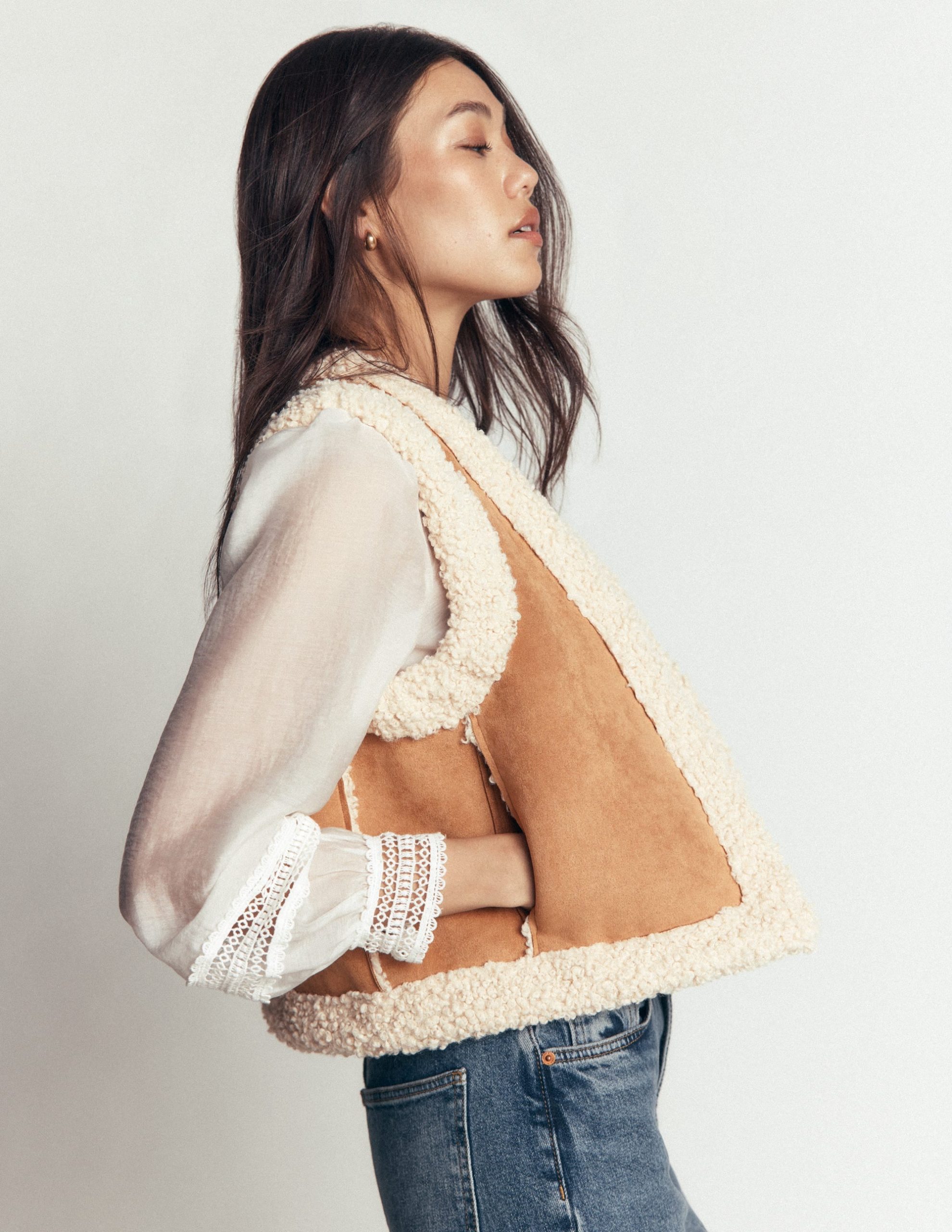 Borg Trim Cotton Vest-Sand - Image 5
