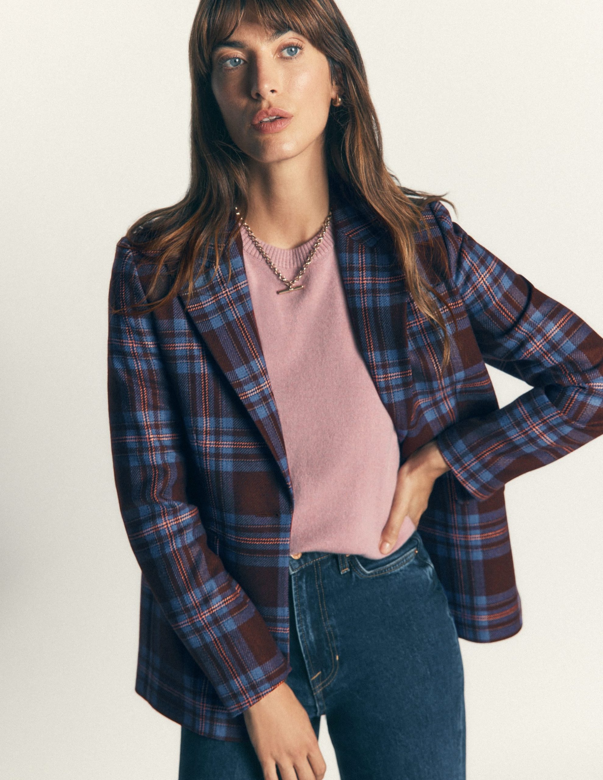 Woodbridge Wool Blend Blazer-Brown. Blue and Pink Check
